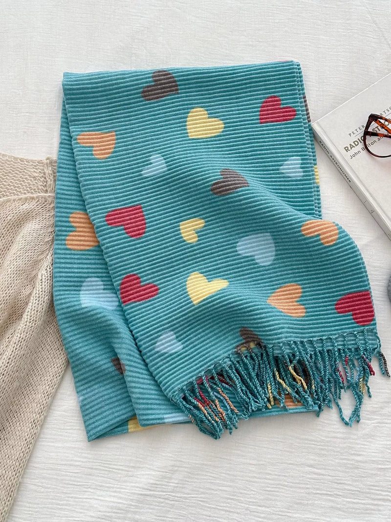 Heart patterned tassel scarf front view