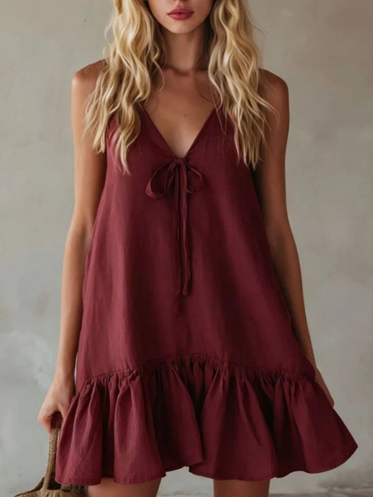V neck tie front ruffle hem mini dress styled view