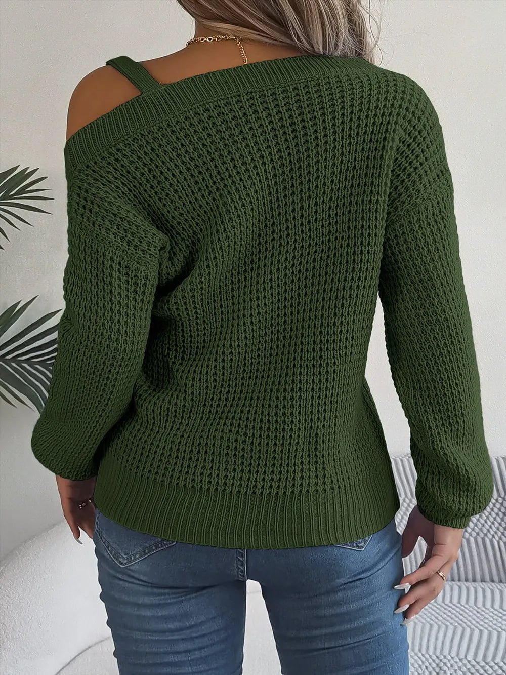 Asymmetrical Neck Long Sleeve Sweater - Fashorio