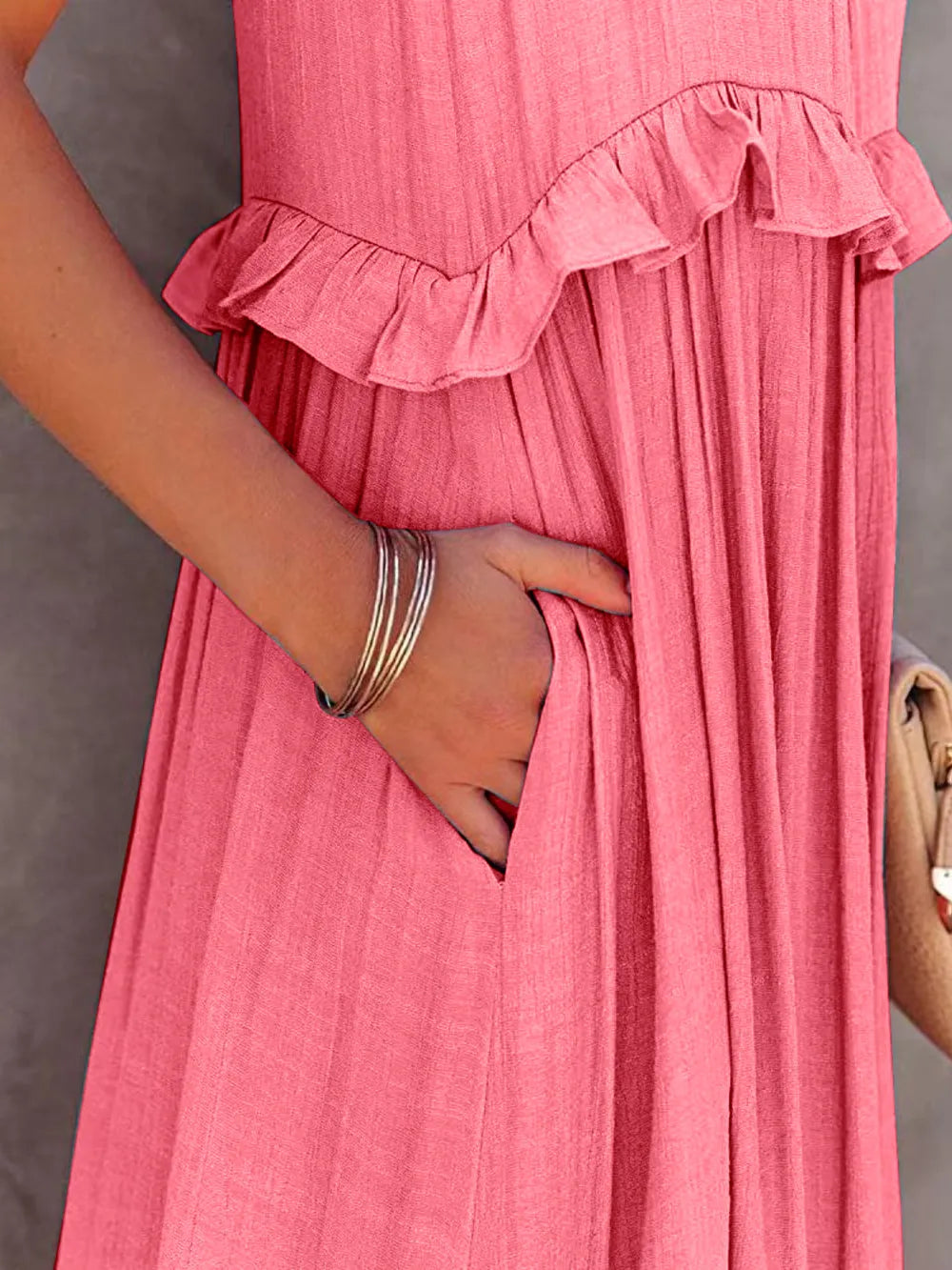 Ruffled Sleeveless Tiered Maxi Dress with Pockets - Fashorio