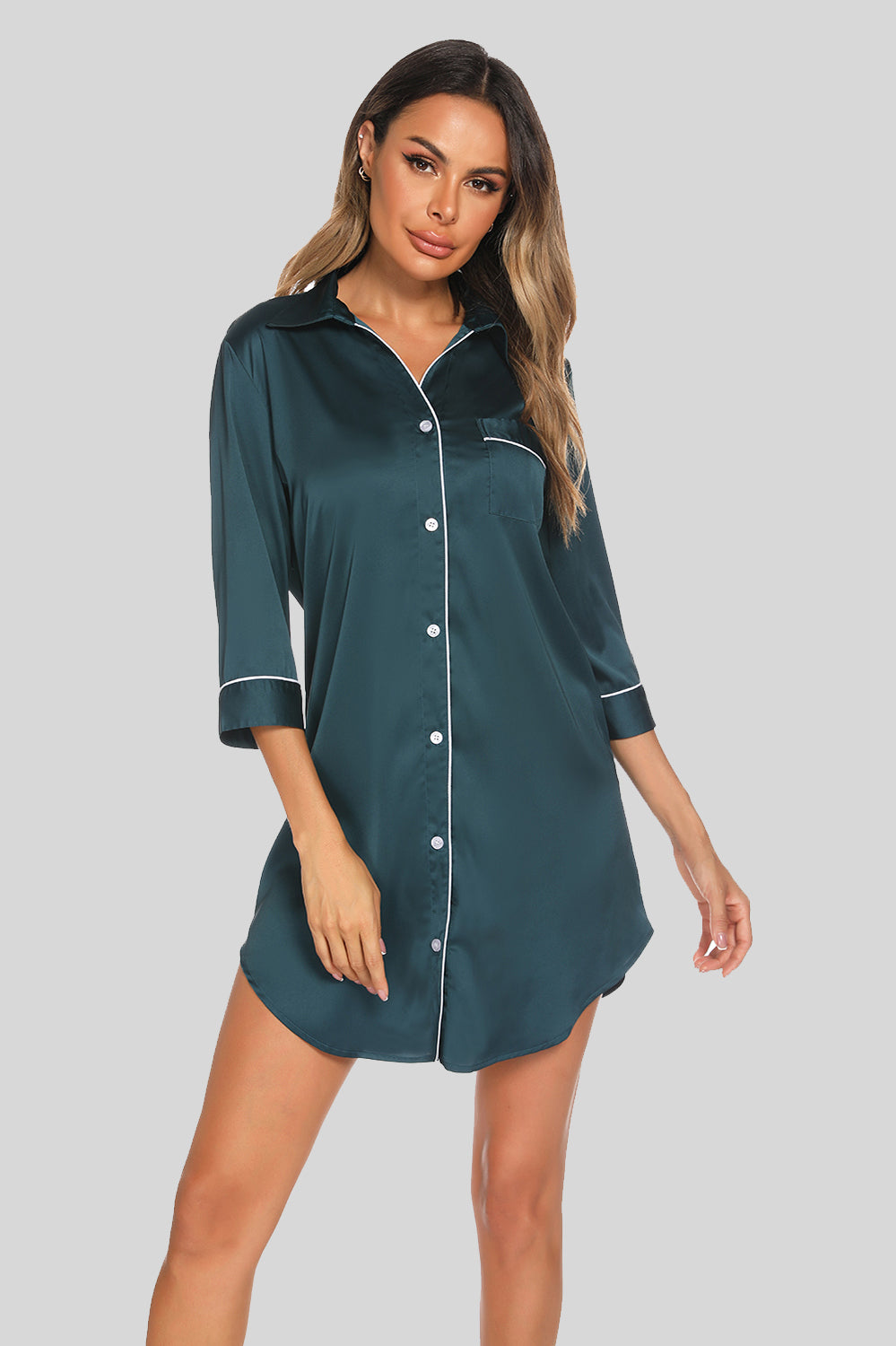 Button Up Collared Neck Night Dress with Pocket Deep Teal - Fashorio