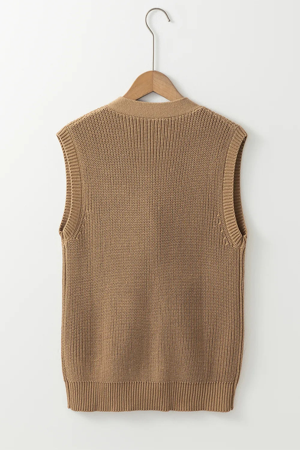 Button Up V Neck Sweater Vest in Camel on model