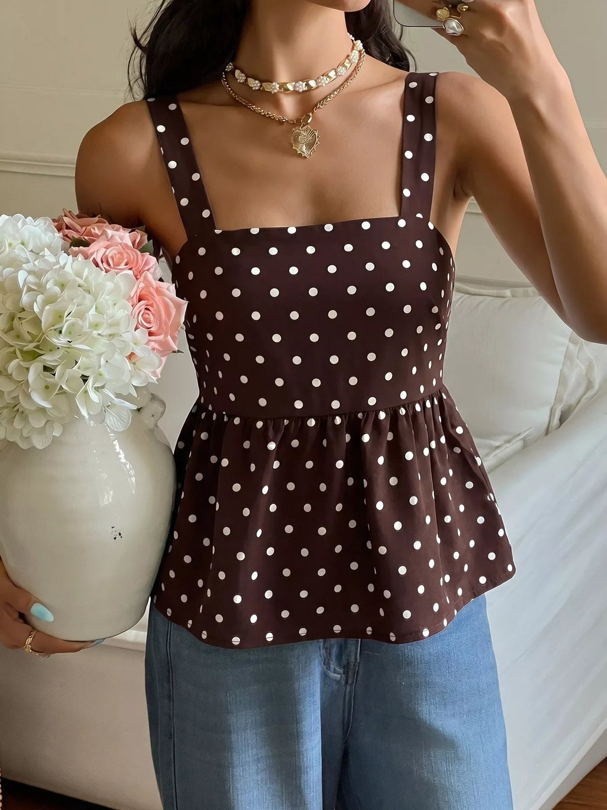 coffee brown polka dot tie back cami top back view