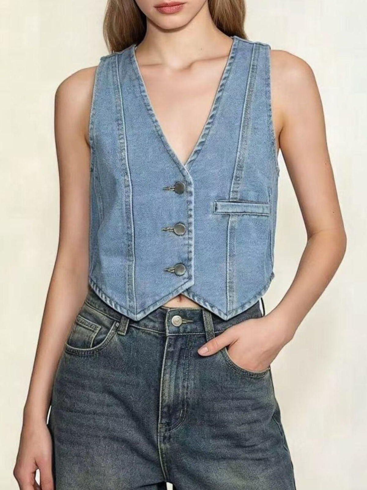 Button Down Denim Vest in Dark Blue view 13
