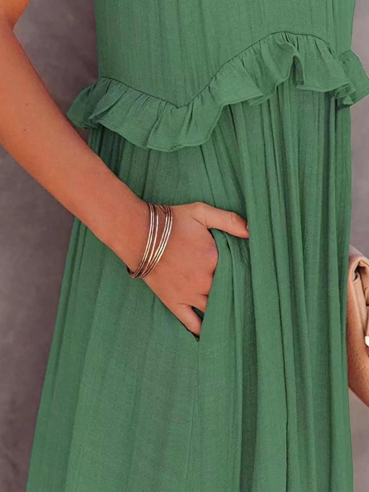 Ruffled tiered sleeveless maxi dress detail view