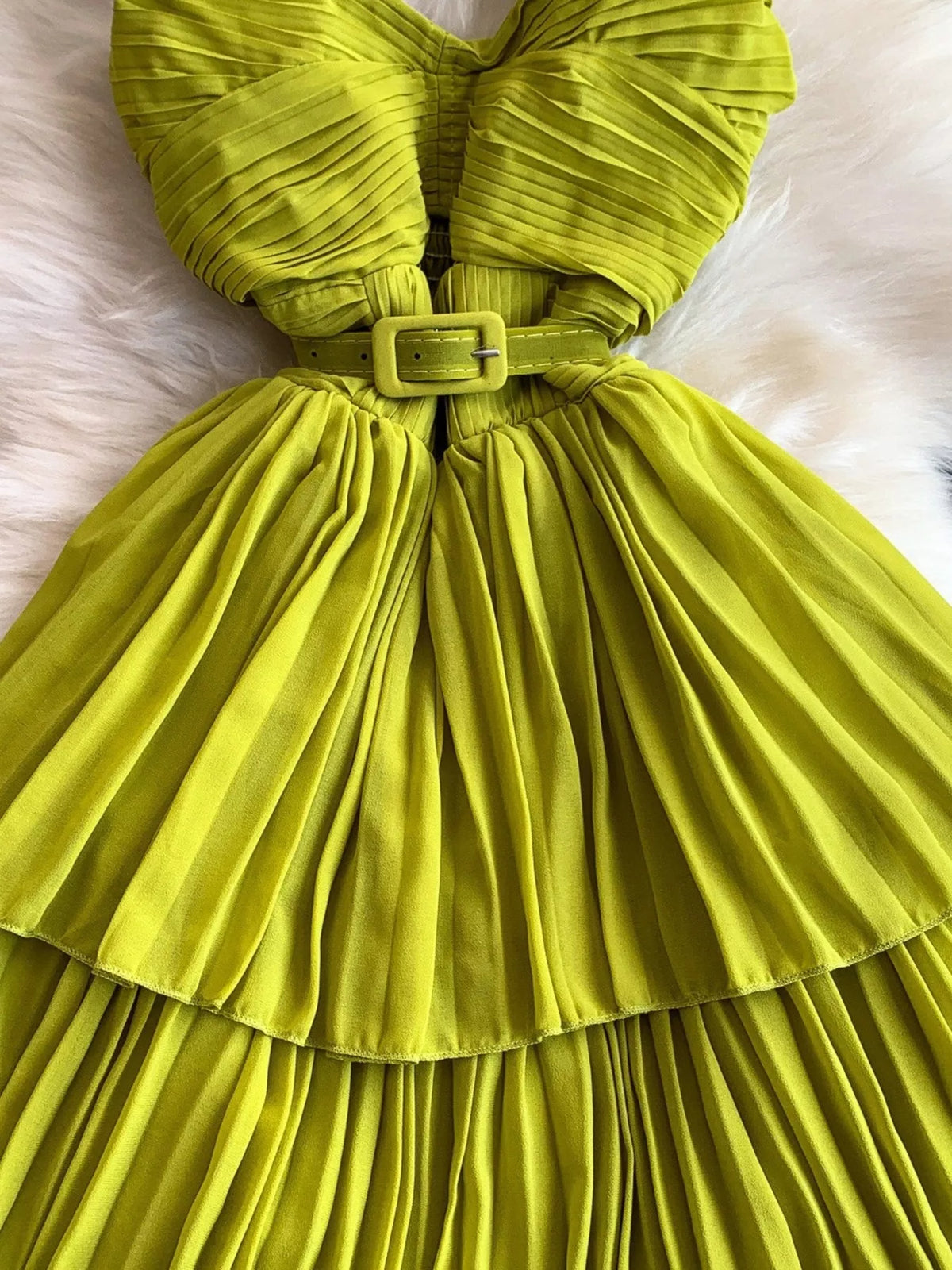 Pleated layered spaghetti strap midi dress fabric and trim detail