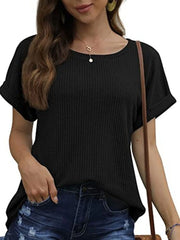 Full Size Waffle Knit Relaxed Fit T-Shirt Plus Size Black - Fashorio