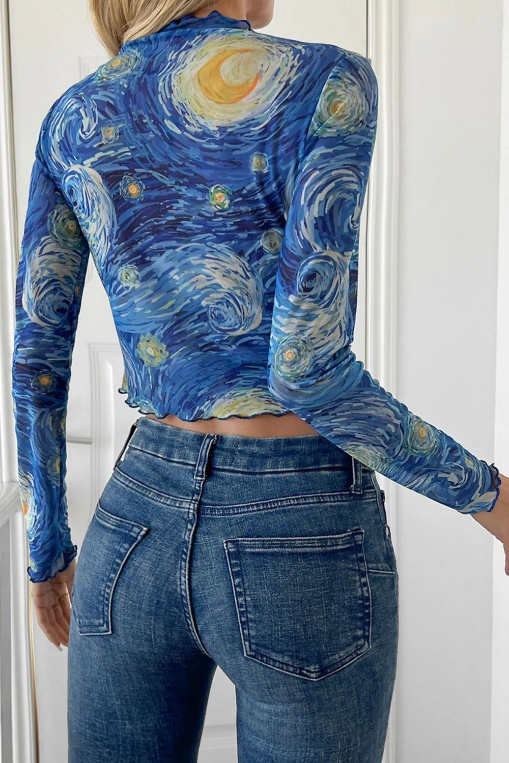 Dusty blue mesh crop top starry design detail