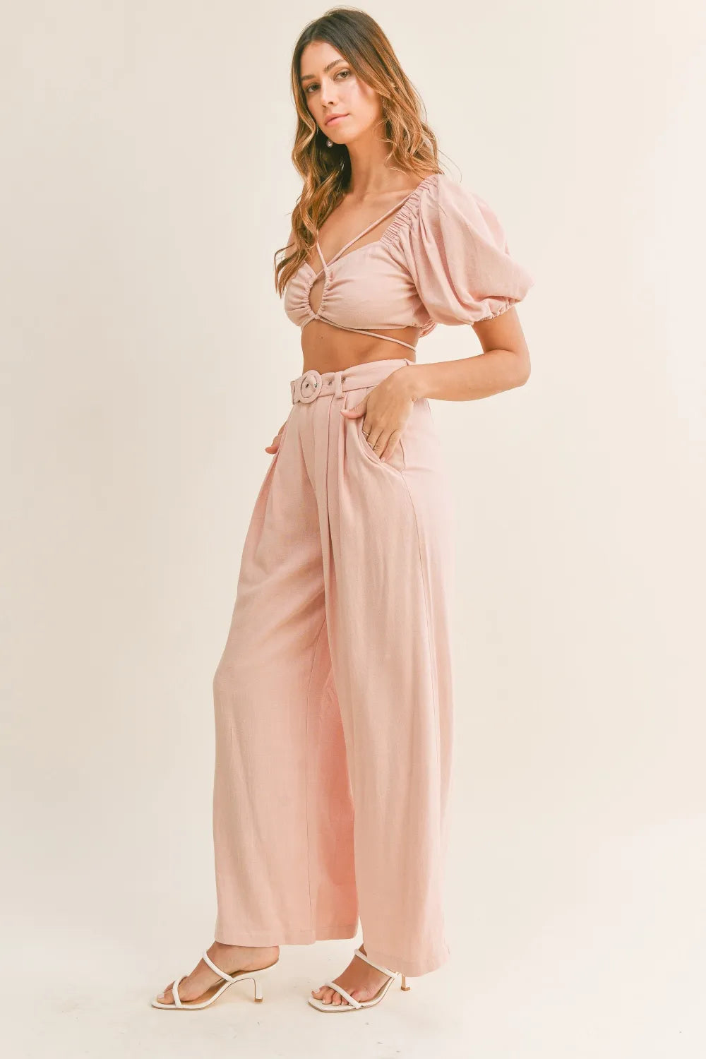 Cut out crop top and belted pants set in dusty pink