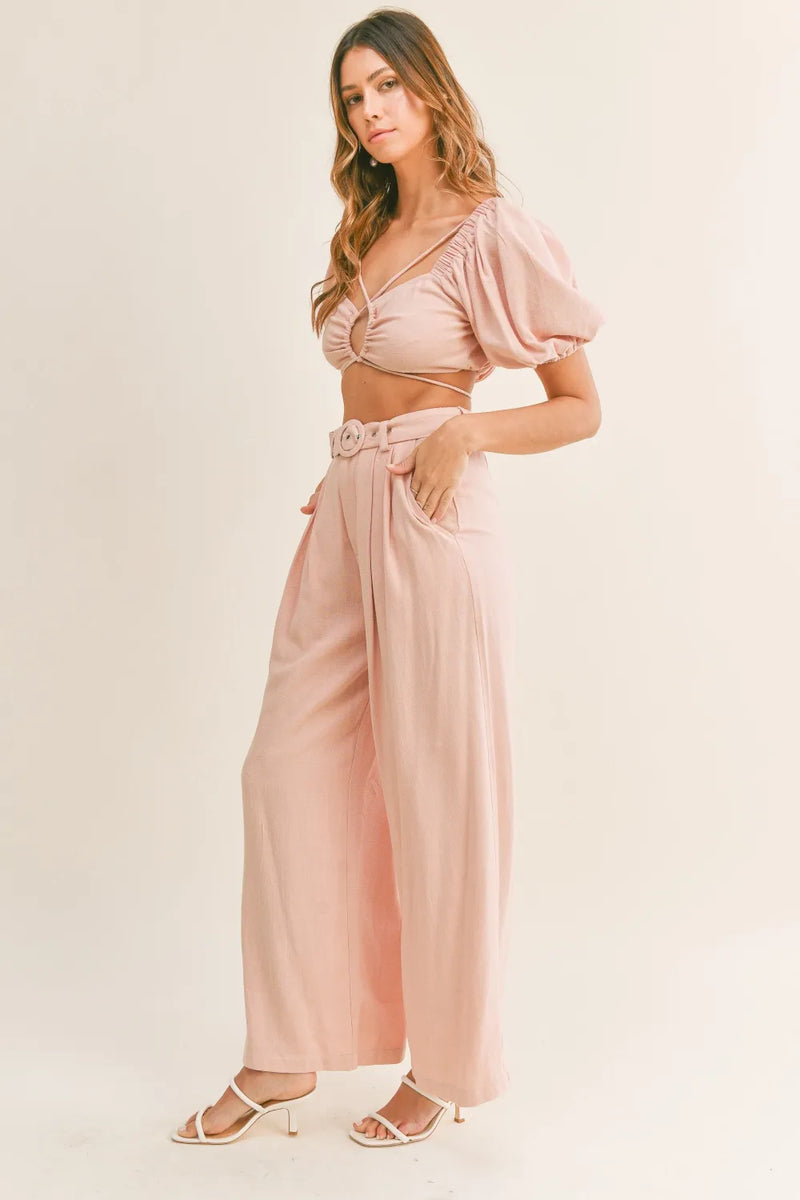 Cut out crop top and belted pants set in dusty pink