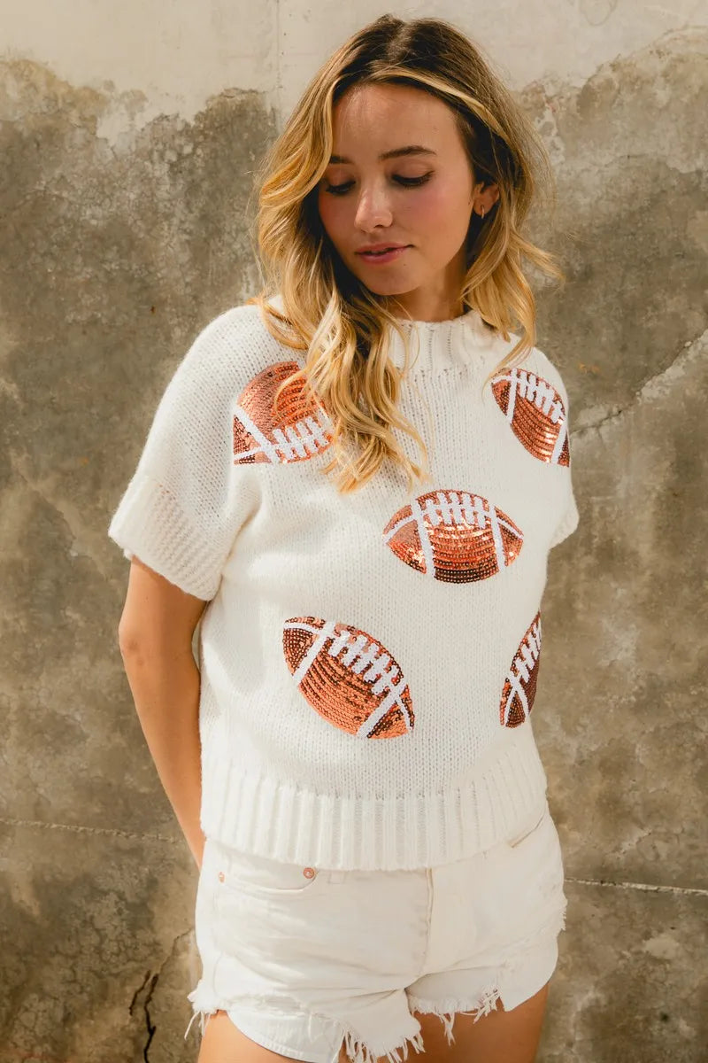 BiBi Gameday Sequin Football Patches Rib Banded Sweater - Fashorio