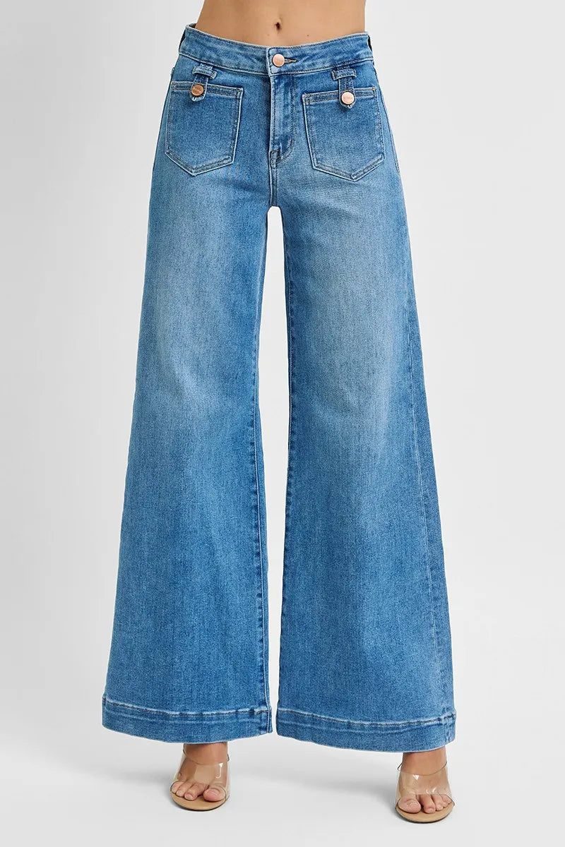 RISEN Full Size Mid Rise Wide Front Patch Pocket Jeans Plus Size - Fashorio