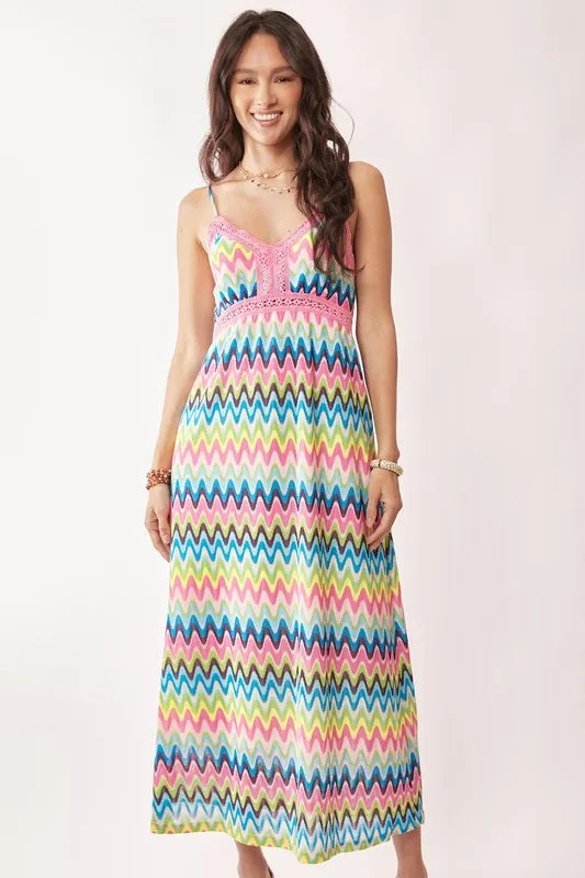 Crochet Lace Midi Dress in Pink and Blue on model