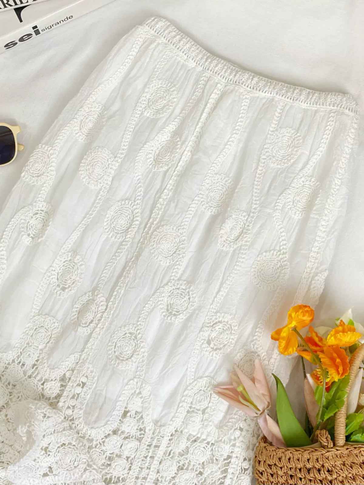 Lace elastic waist midi skirt, styled on model