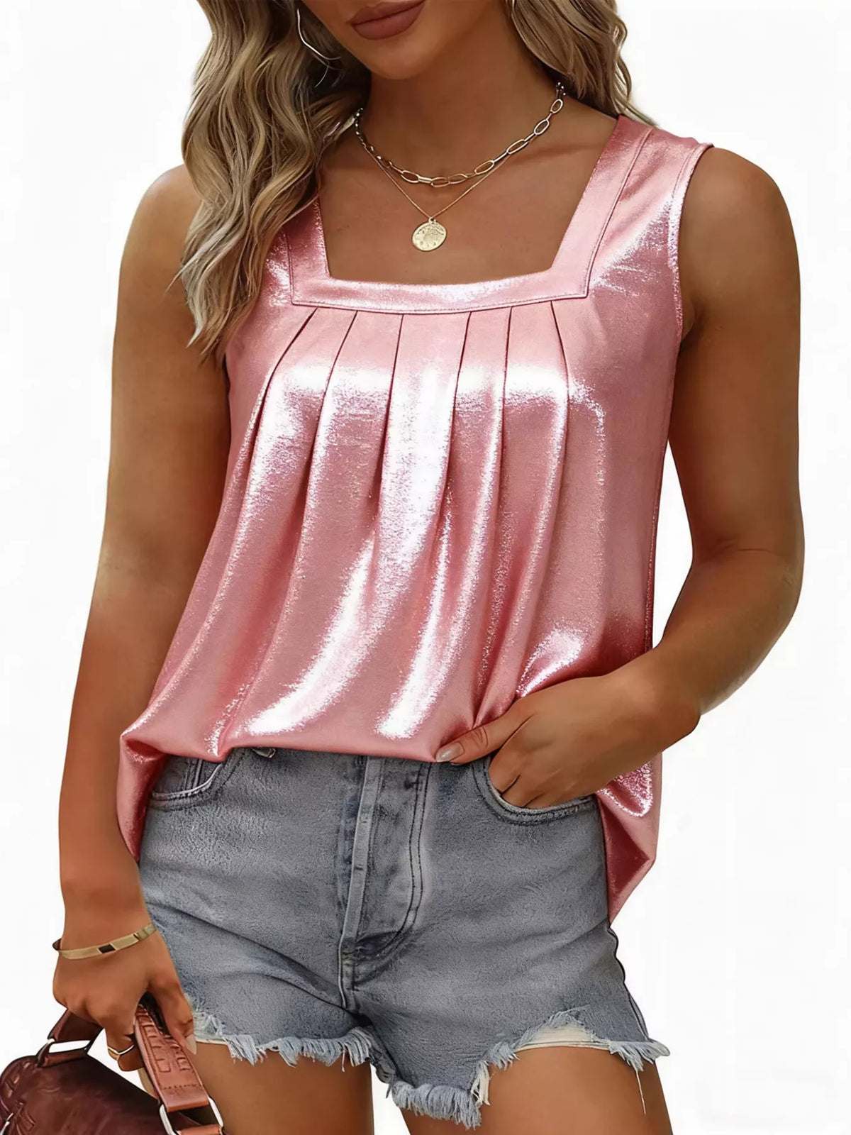 Pleated tank top neckline detail close up