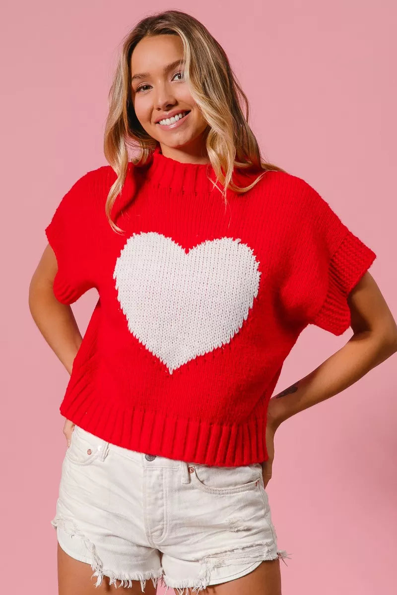 Heart Pattern Rib Banded Sweater in Red and Ivory