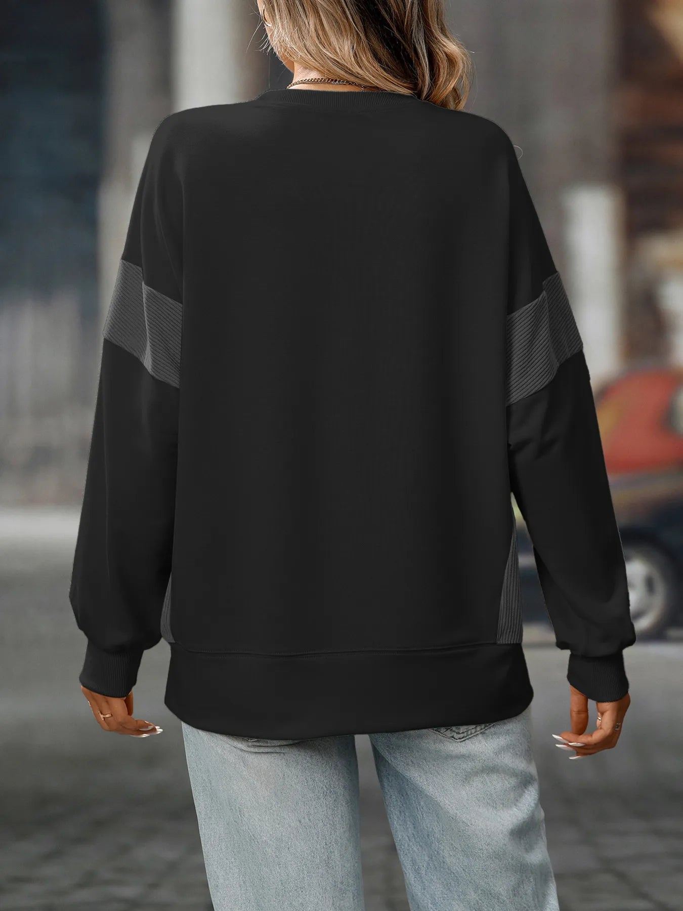 Slit Round Neck Long Sleeve Sweatshirt - Fashorio