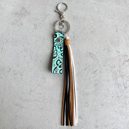 Genuine Leather Tassel Keychain Aqua One Size - Fashorio
