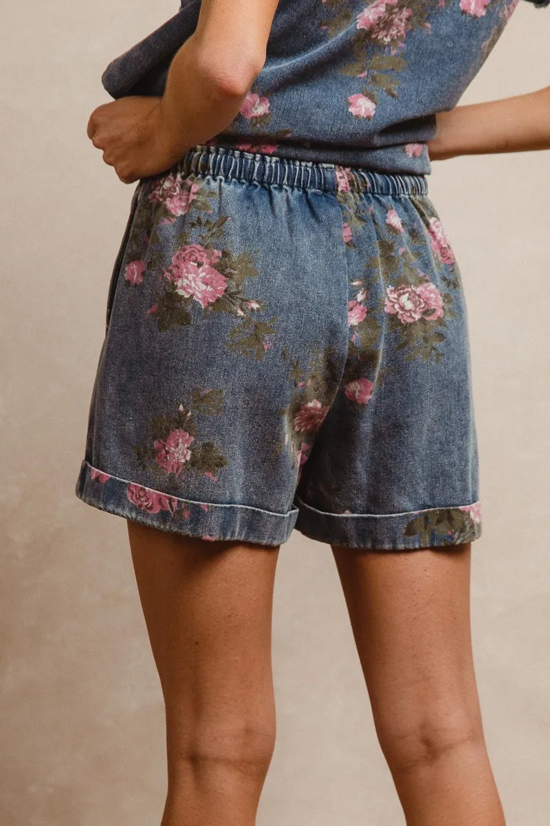BiBi Floral Printed Denim Short Pants With Pocket - Fashorio