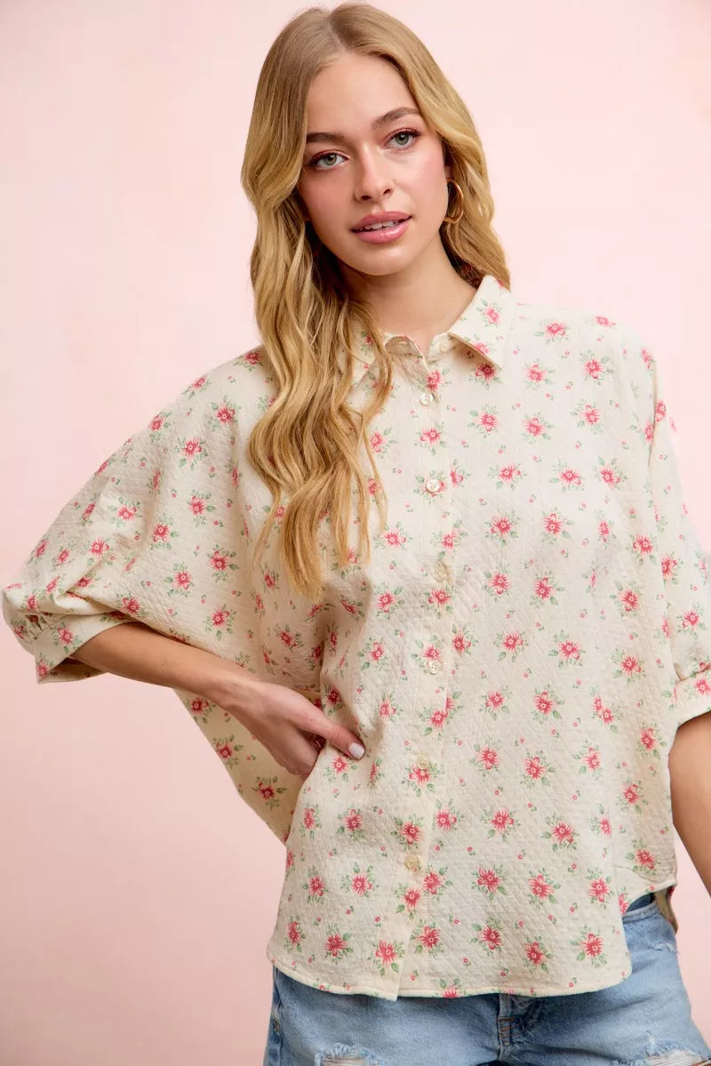 BiBi red floral dolman sleeve blouse, back view