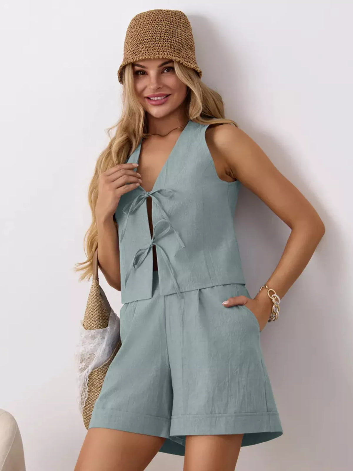 Tie-Front Sleeveless Top and Shorts Set, view 7
