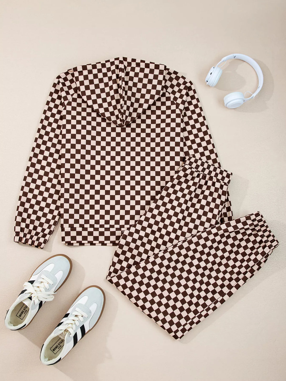 Checkered Drawstring Hoodie and Pants Set view 7