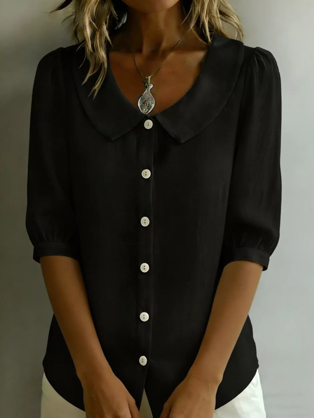 Peter Pan collar puff sleeve button down shirt detail view