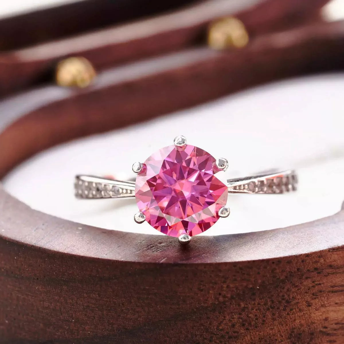 3 carat hot pink moissanite sterling silver ring, front view