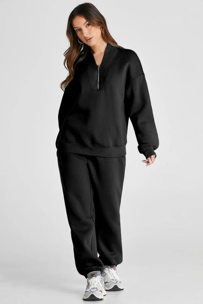 Quarter Zip Long Sleeve Top and Pants Set - Fashorio