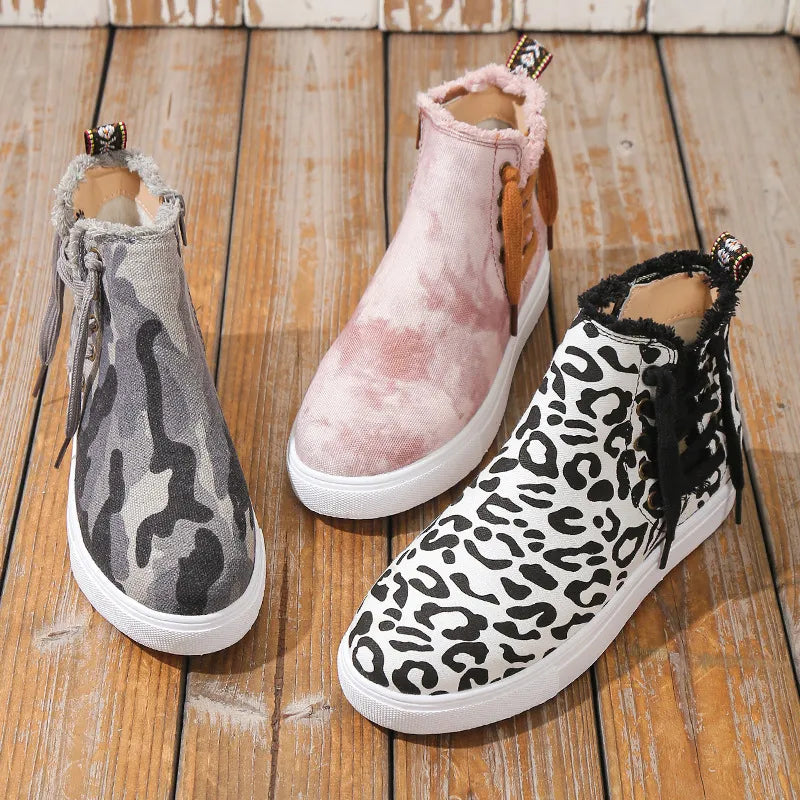 Lace Up Round Toe Canvas Boots with Side Zip angled three quarter view