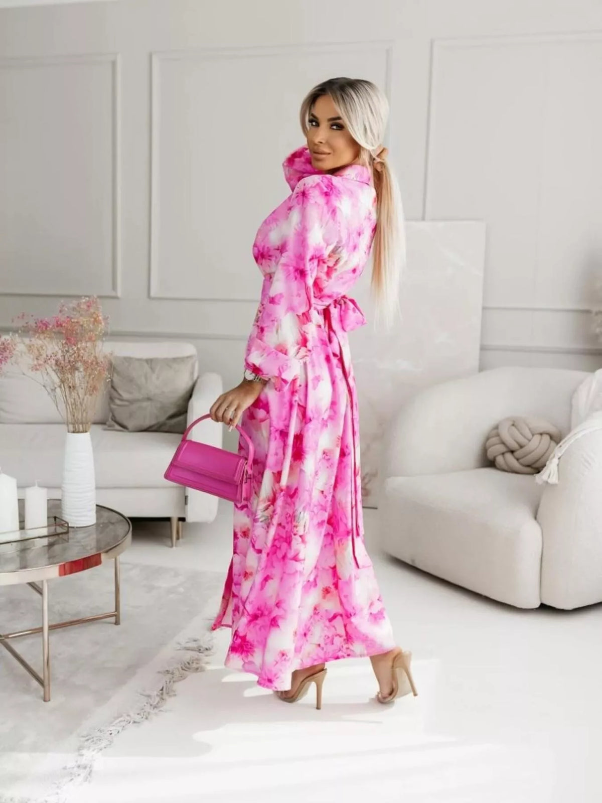 Printed button front maxi shirt dress back view styled