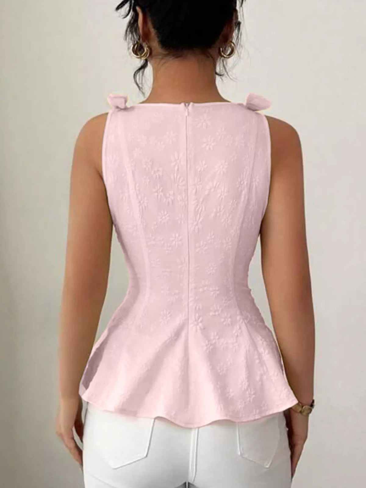 Bow shoulder peplum tank top styled outfit view