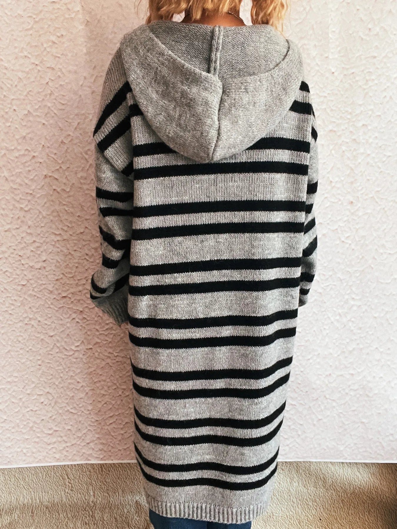 Striped Open Front Hooded Cardigan - Fashorio
