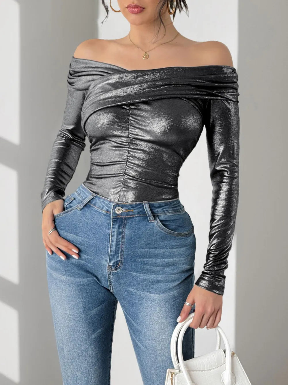 Perfee Ruched Off-Shoulder Long Sleeve Bodysuit - Fashorio