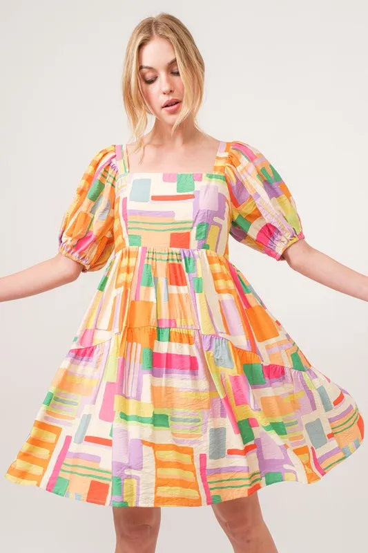 Square Neck Puff Sleeve Geo Printed Mini Dress styled look