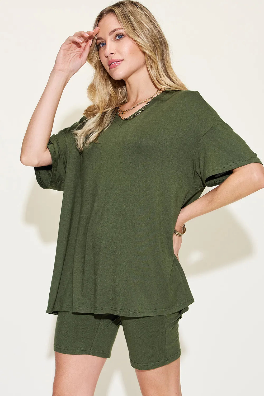 Basic Bae Full Size V-Neck Drop Shoulder T-Shirt and Shorts Set - Fashorio