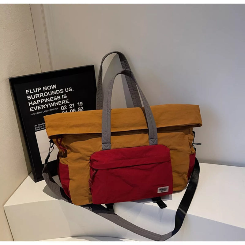 Color block nylon travel duffel bag front view