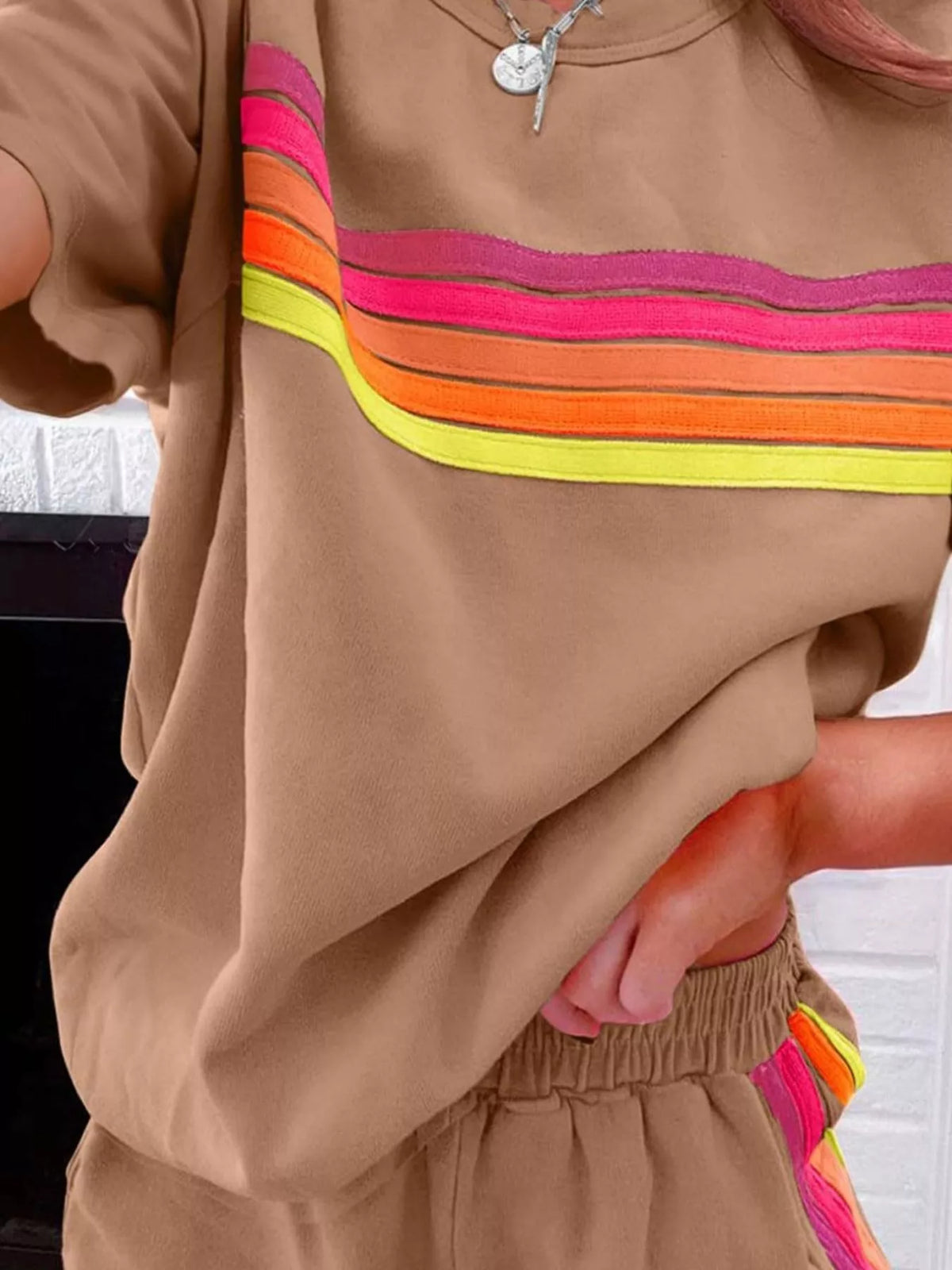 Rainbow Striped Round Neck Top and Shorts Set, view 9
