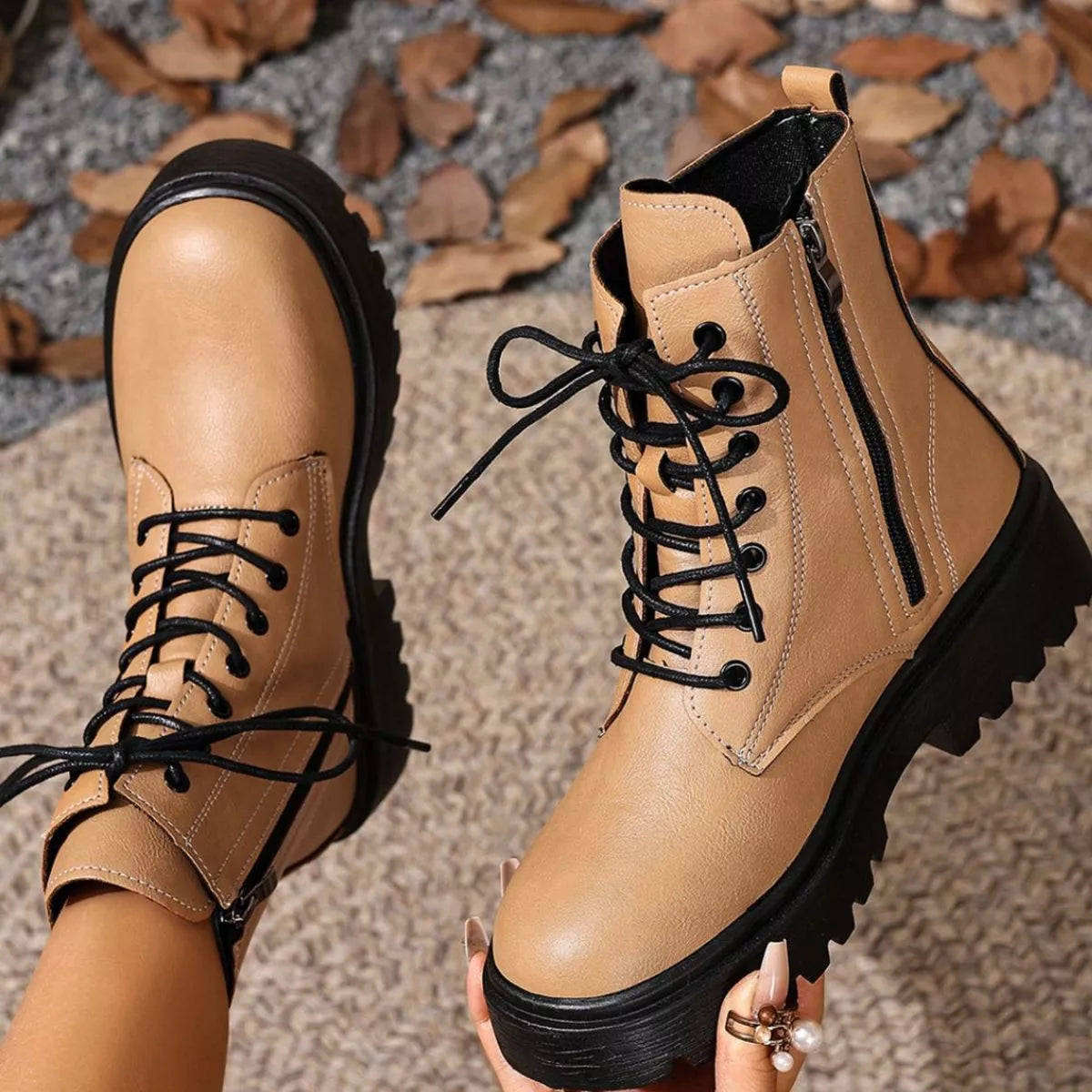 Brown round toe block heels boots back heel view