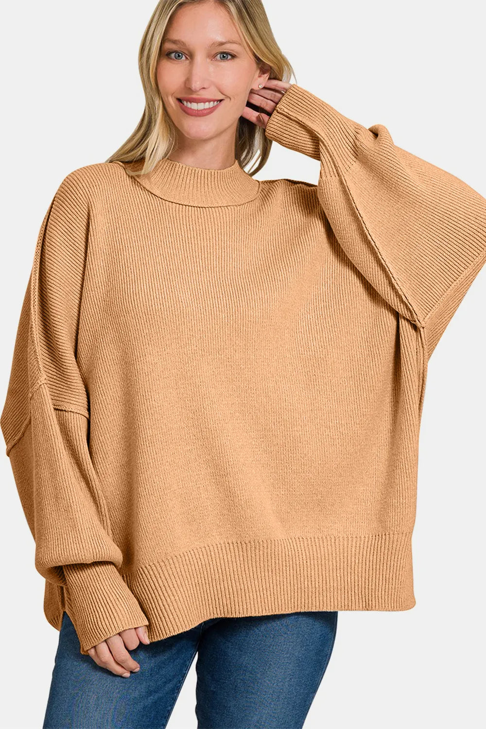 Oversized Side Slit Sweater in Dark Brown side view