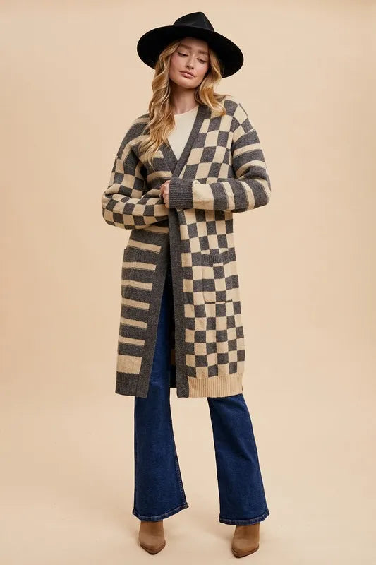 Annie Wear Checkered & Striped Open Front Long Sleeve Cardigan - Fashorio
