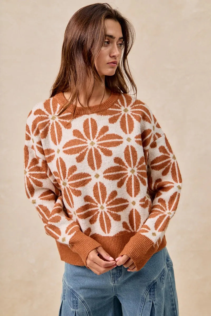 Floral Pattern Long Sleeve Sweater in Rust and Ivory styled look