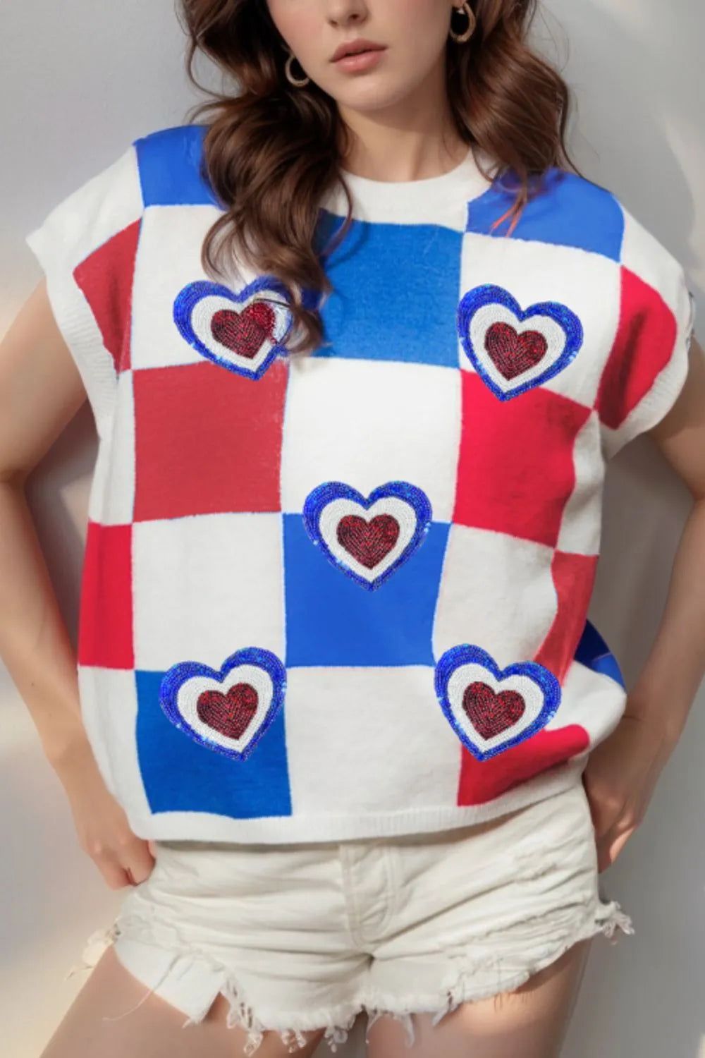 Sequin Heart Color Block Round Neck Knit Top Plaid - Fashorio