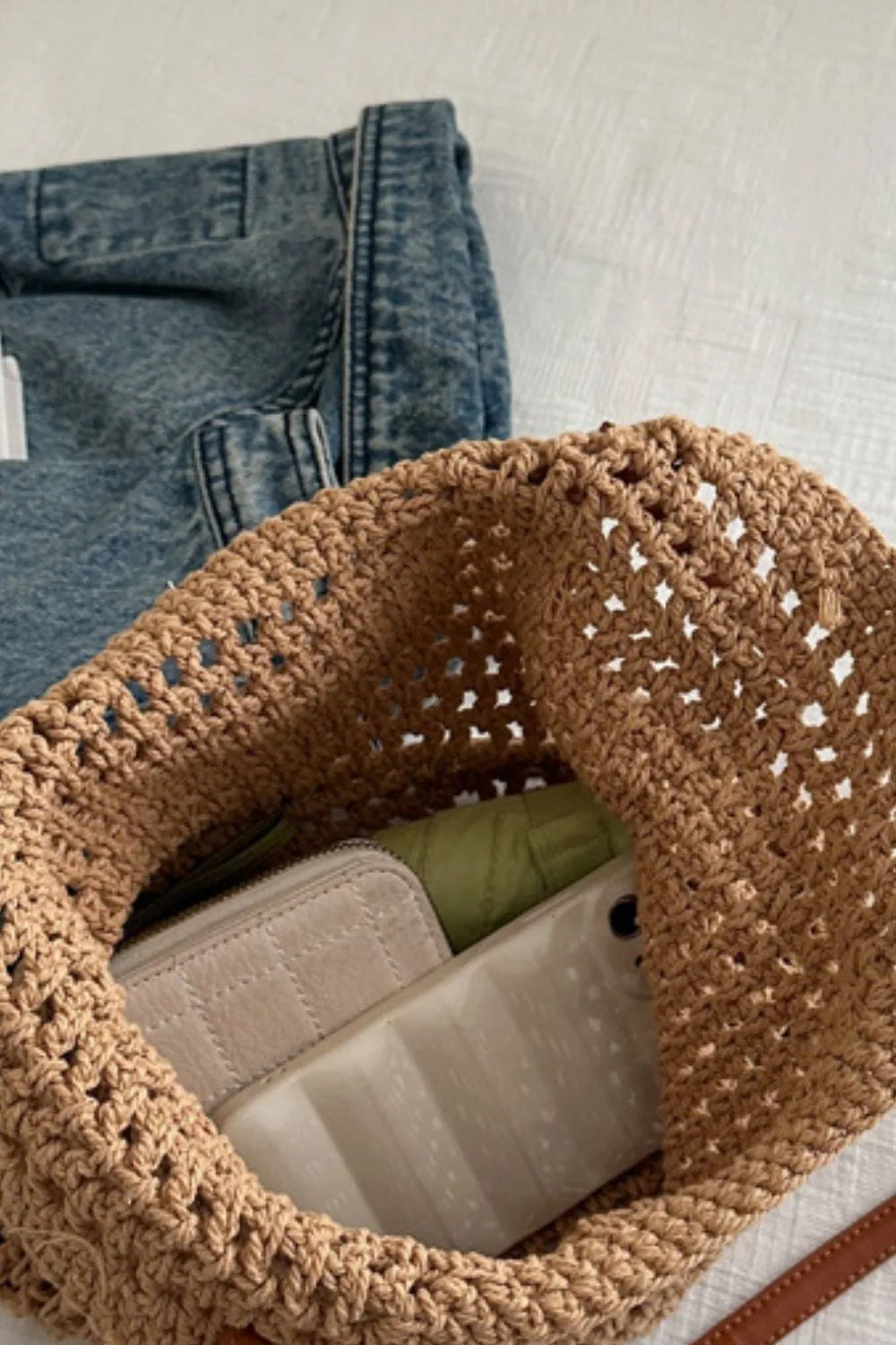 Woven summer tote bag shown open