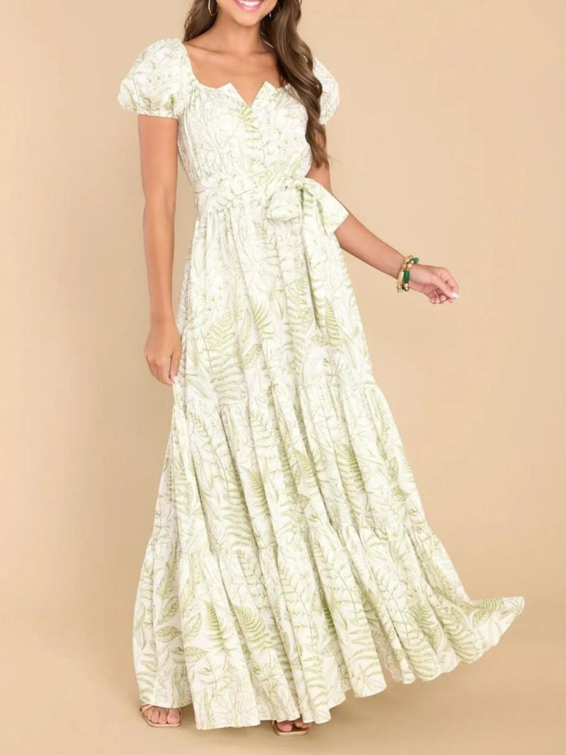 Green printed puff sleeve maxi dress front view