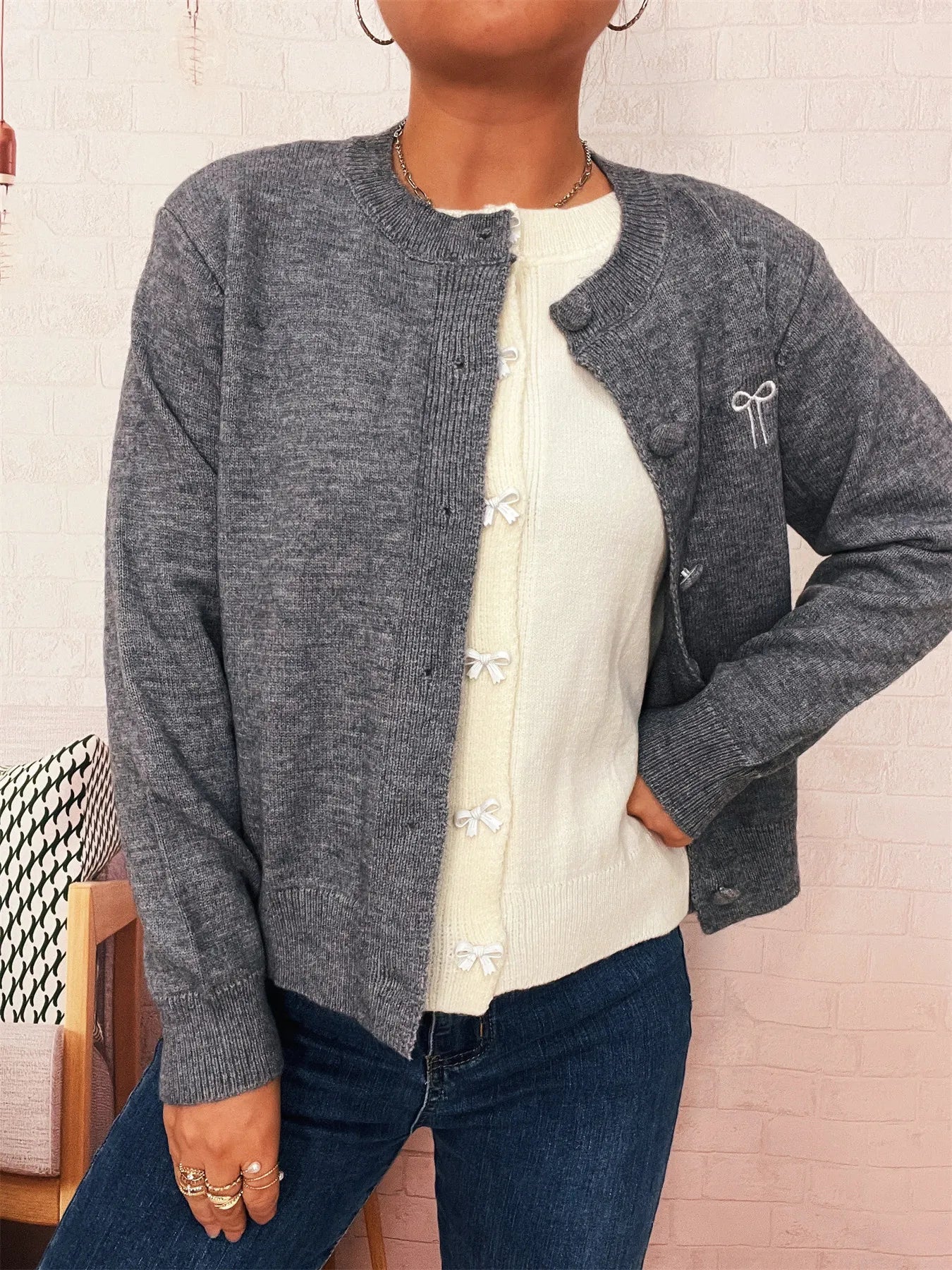 Button-Up Long Sleeve Cardigan Dark Gray One Size - Fashorio