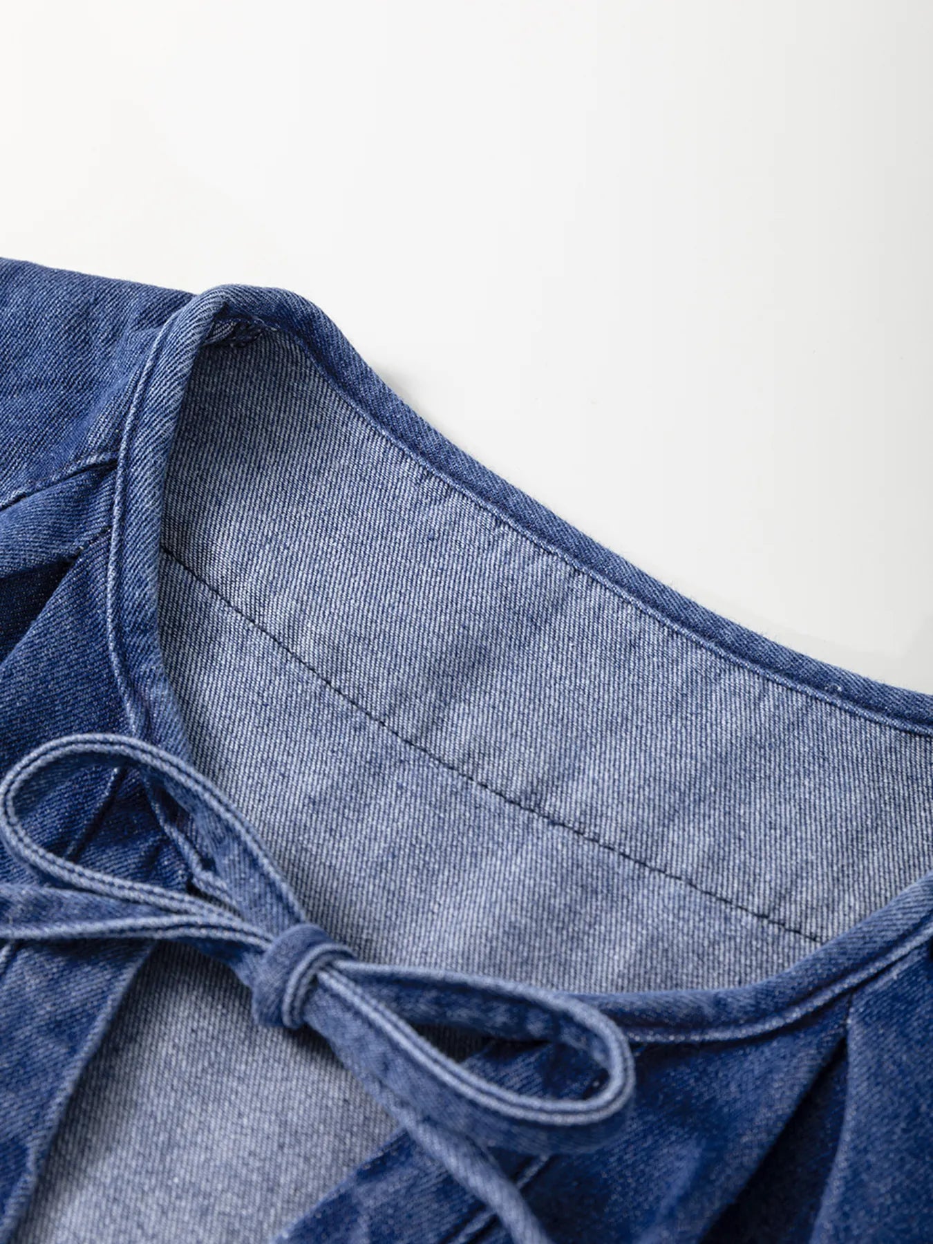 Drawstring High Waist Puff Sleeve Denim Mini Dress - Fashorio