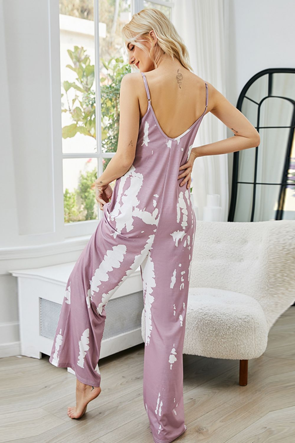 Shiny Tie-Dye Spaghetti Strap Jumpsuit with Pockets - Fashorio