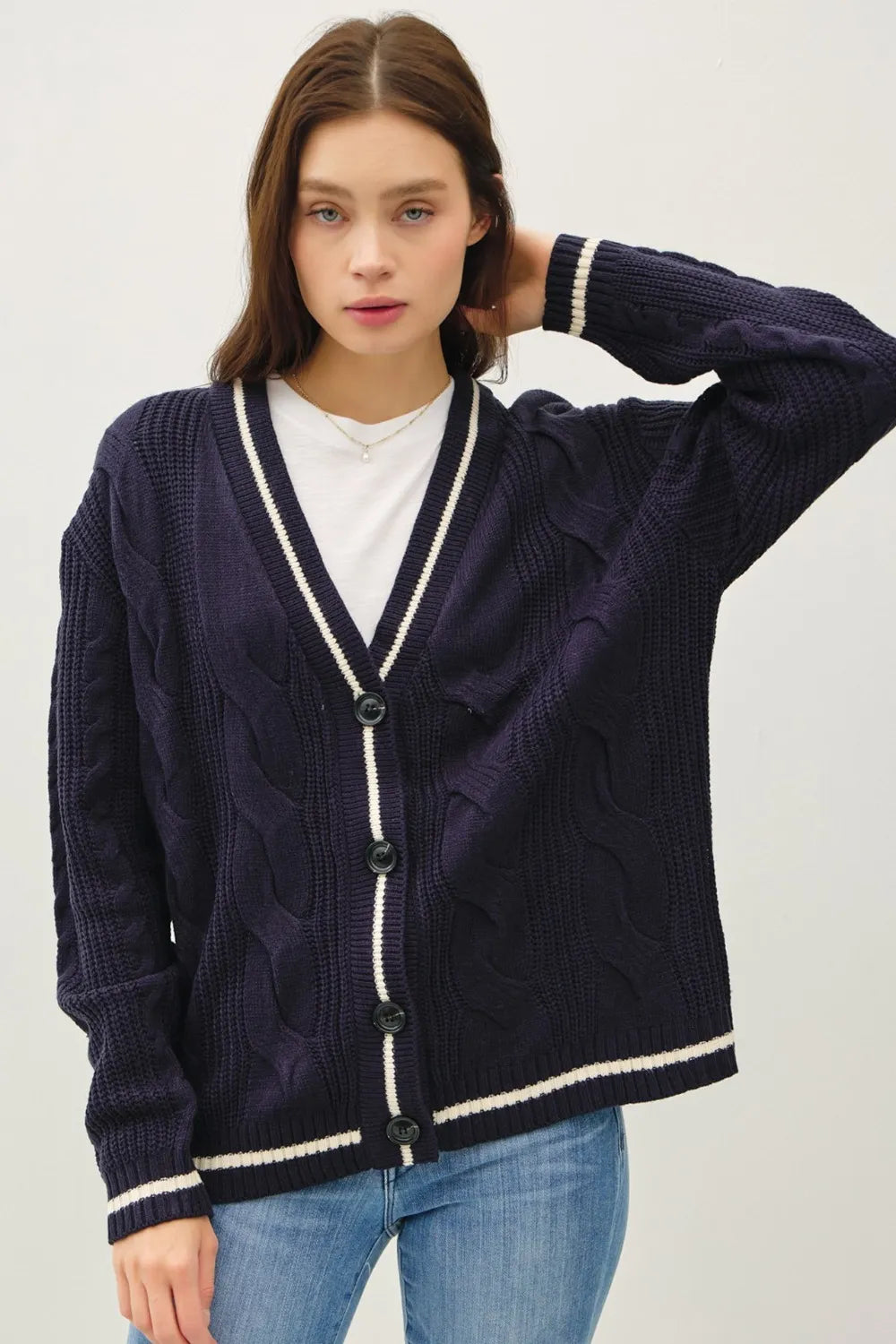Be Cool Contrast Trim Cable-Knit V-Neck Cardigan Navy - Fashorio
