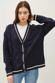 Be Cool Contrast Trim Cable-Knit V-Neck Cardigan Navy - Fashorio